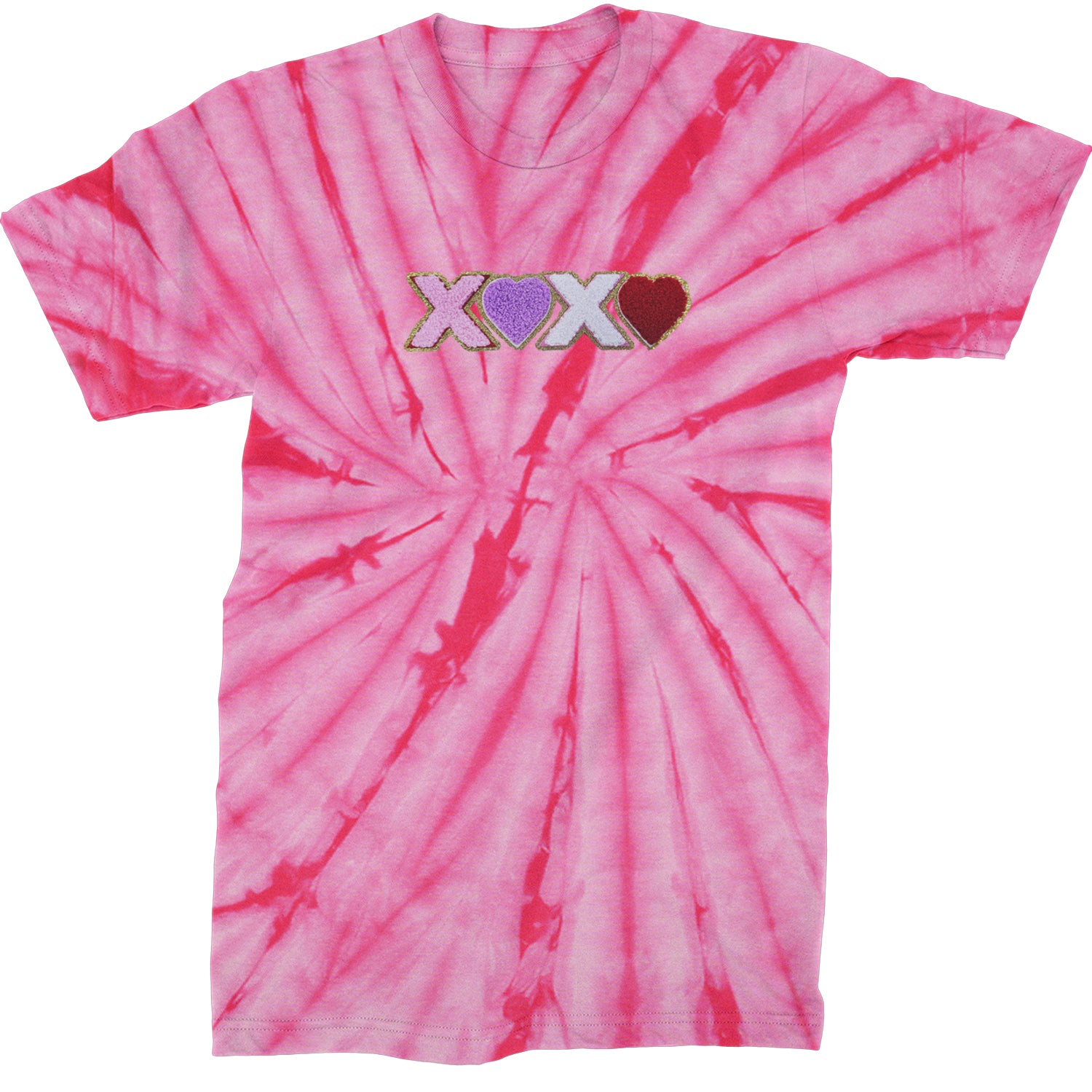 XOXO Chenille Patch Valentines Days  Mens T-shirt Tie-Dye Spider Pink