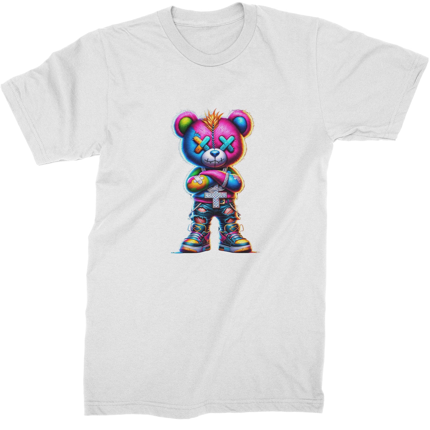 Stitched Neon Urban Graffiti Bear  Mens T-shirt White