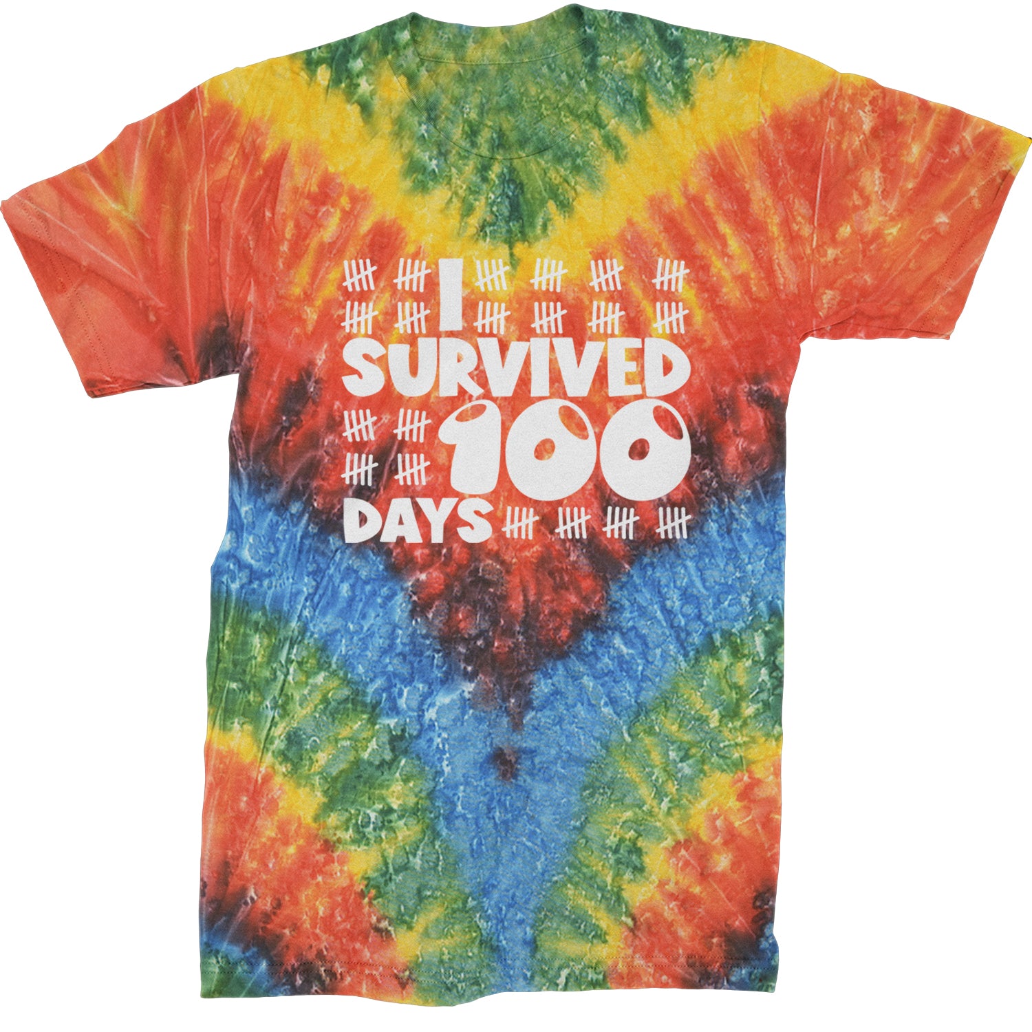 I Survived 100 Days Tally Marks Mens T-shirt Tie-Dye Woodstock