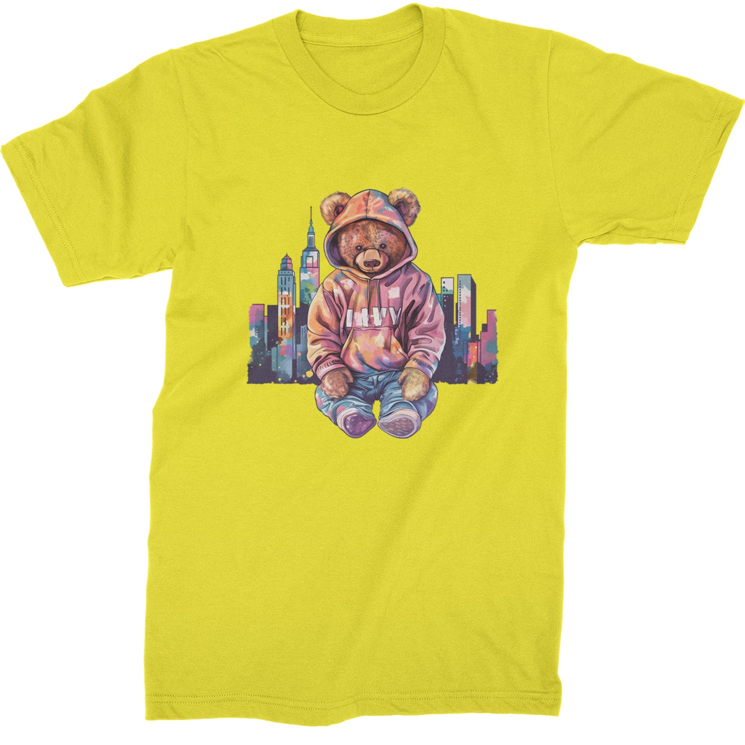 City Skyline Urban Graffiti Bear  Mens T-shirt Yellow