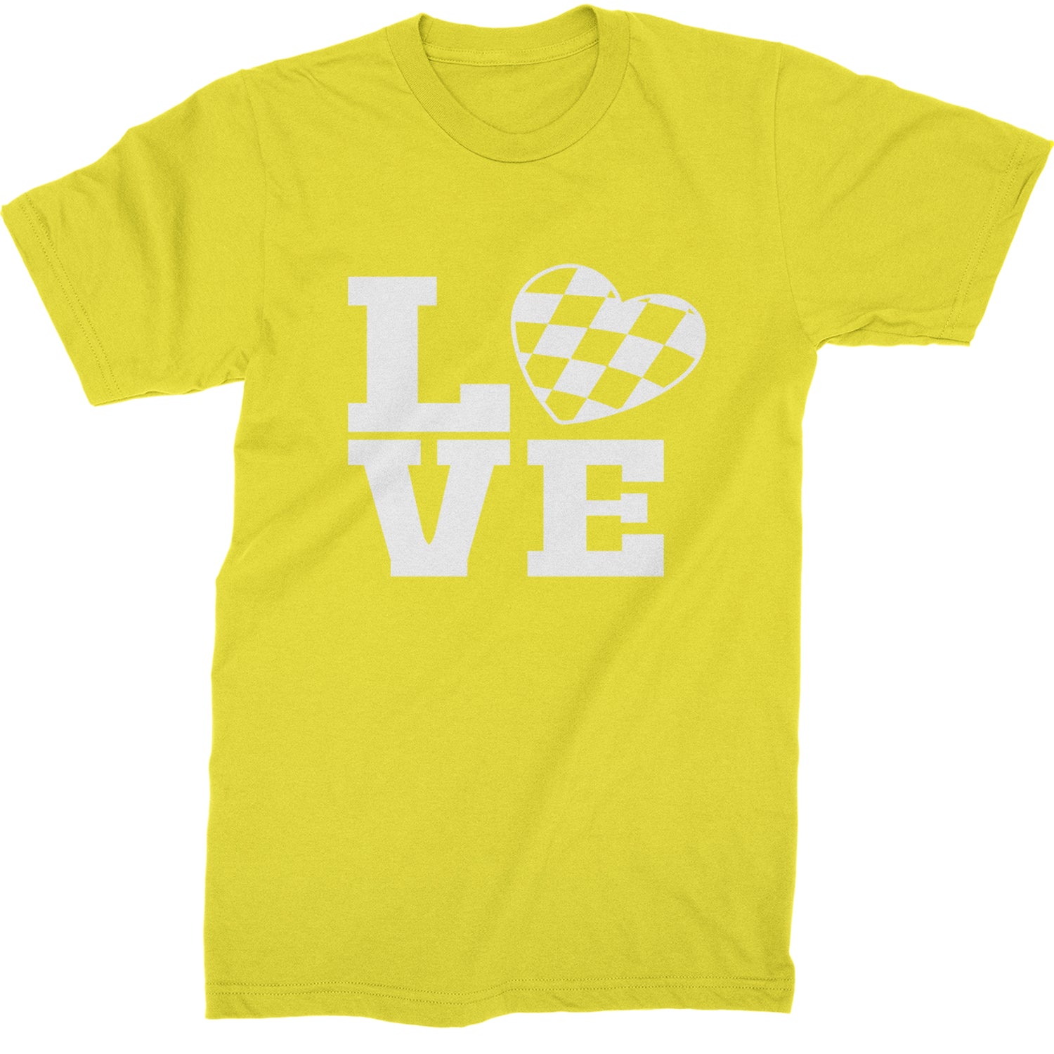 Love Racing Checkered Flag Heart Mens T-shirt Yellow