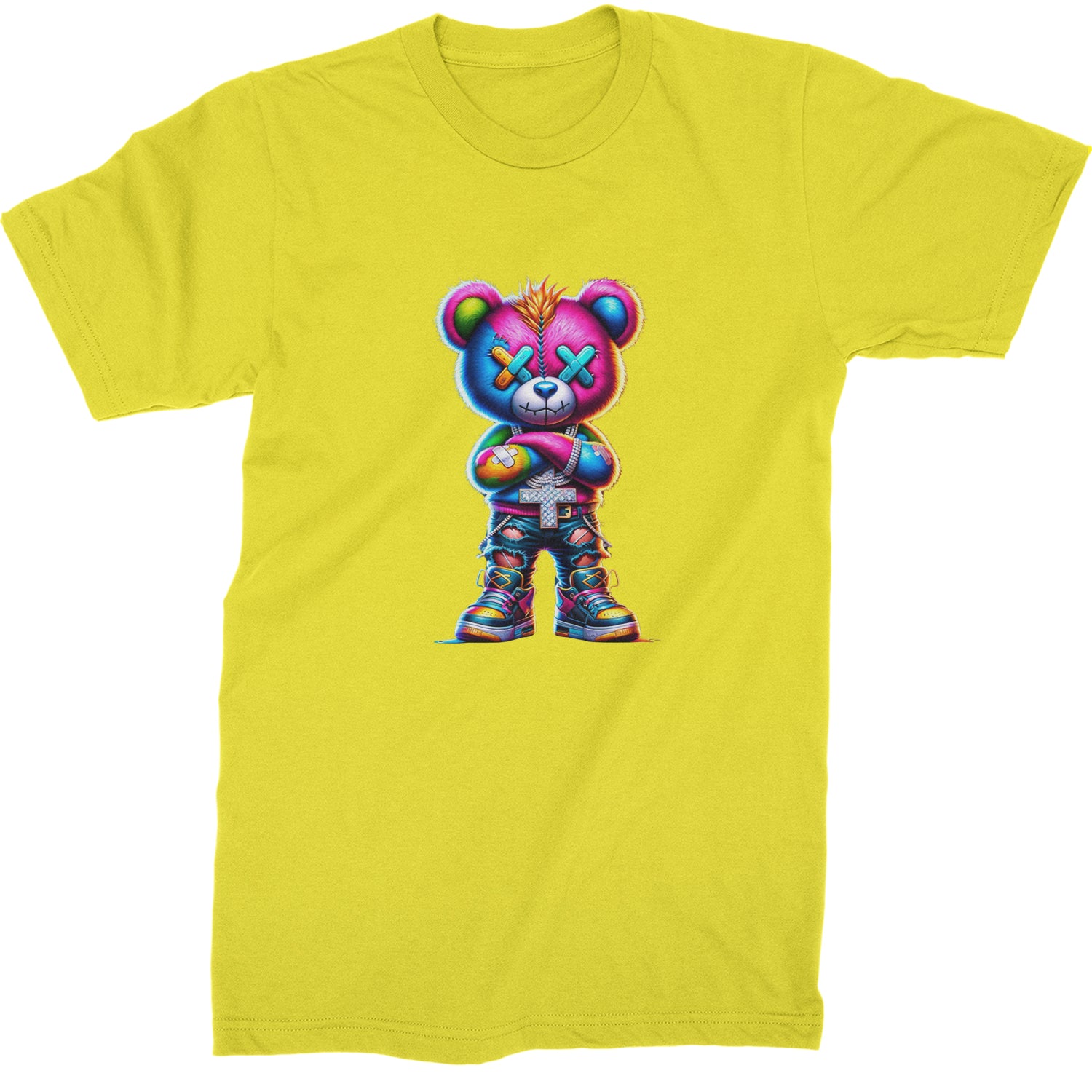 Stitched Neon Urban Graffiti Bear  Mens T-shirt Yellow