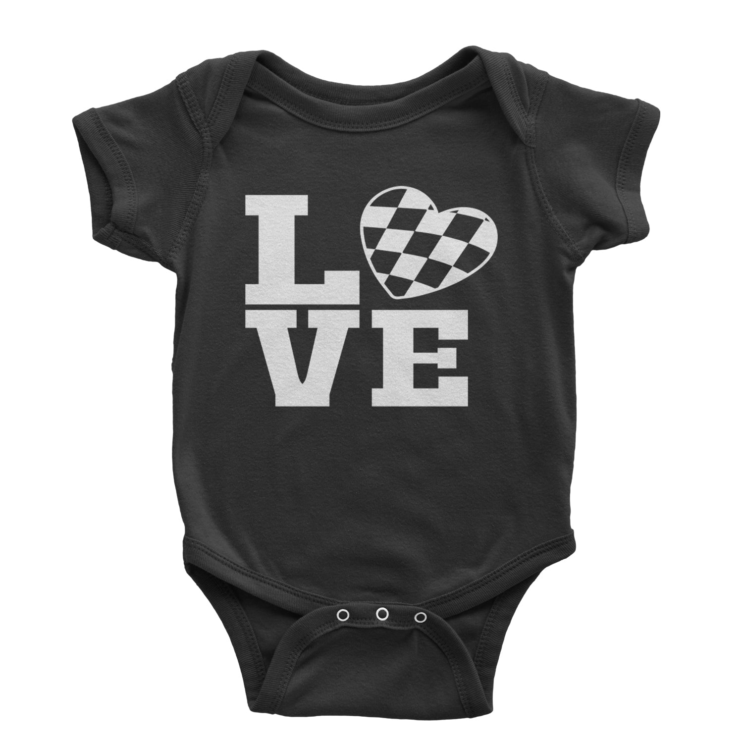 Love Racing Checkered Flag Heart Infant One-Piece Romper Bodysuit and Toddler T-shirt Black