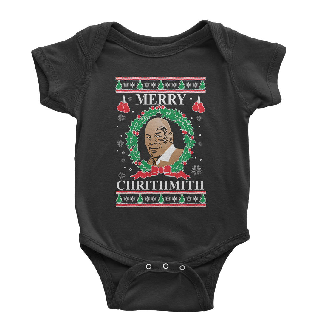 Merry Chrithmith ugly-sweater style boxing graphic on Infant Baby Rib Bodysuit and Toddler Cotton Jersey T-Shirt