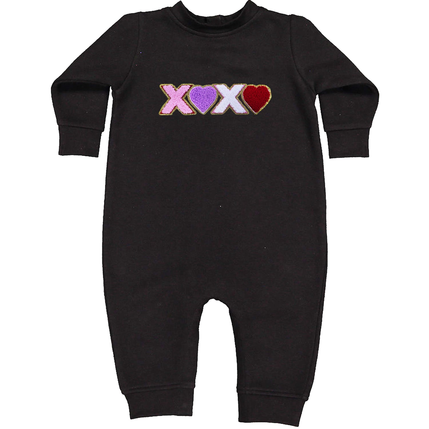 XOXO Chenille Patch Valentines Days Toddler Hoodie And Infant Fleece Romper Black