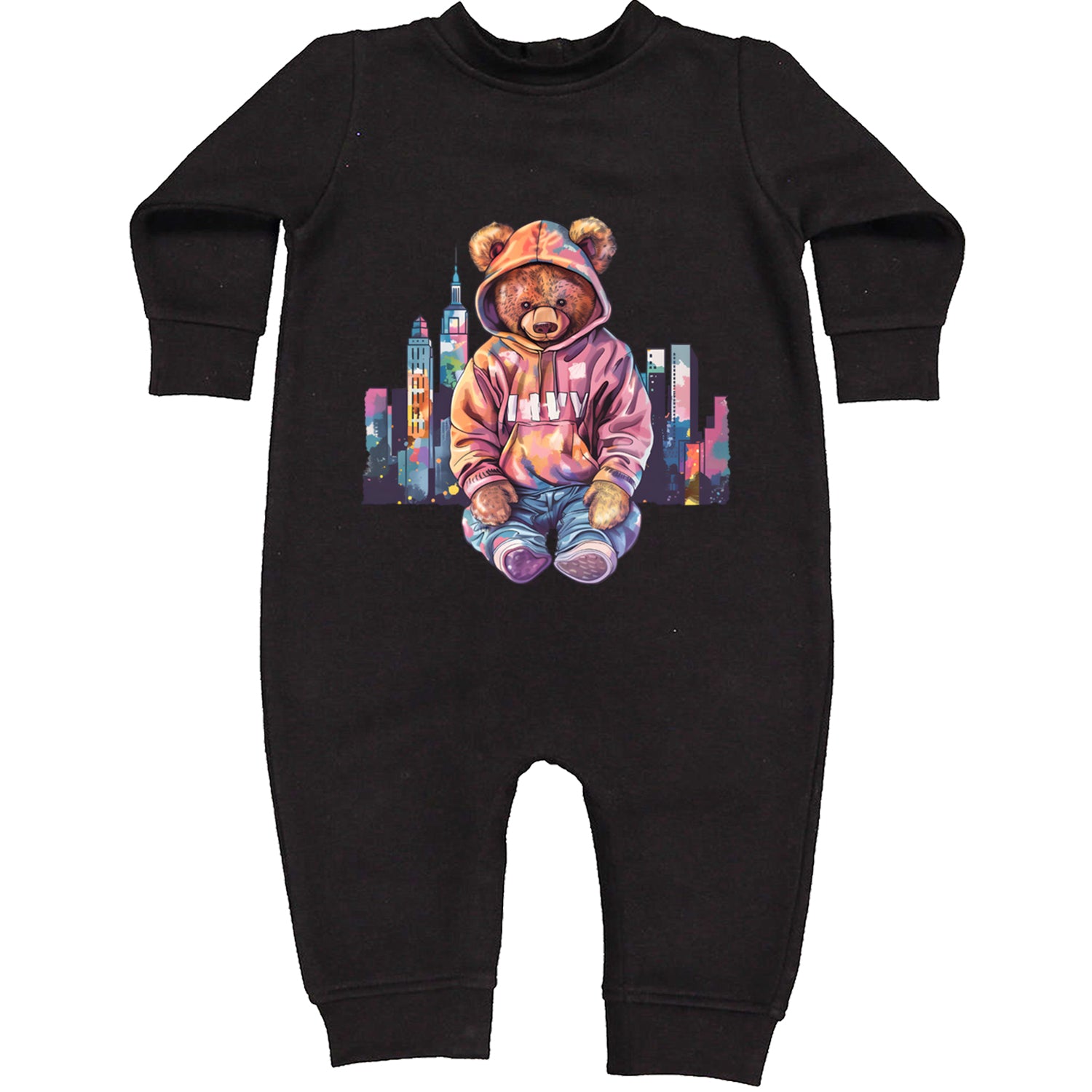 City Skyline Urban Graffiti Bear Toddler Hoodie Or Infant Fleece Romper Black