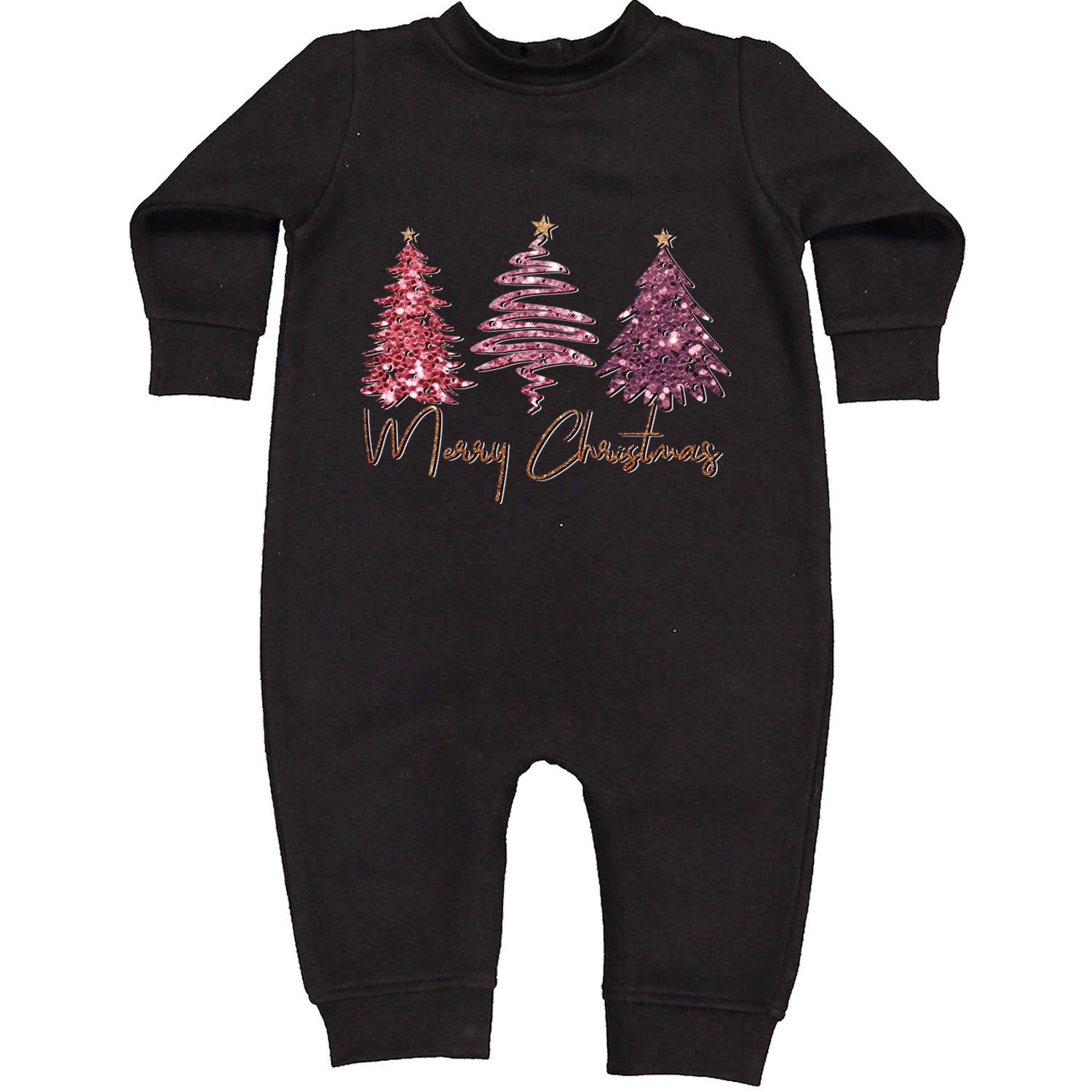 Merry Christmas Faux Glitter Trees Toddler Hoodie And Infant Fleece Romper Black