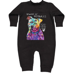 Beware Of Pit Bulls, They Will Steal Your Heart  Toddler Hoodie And Infant Fleece Romper Black