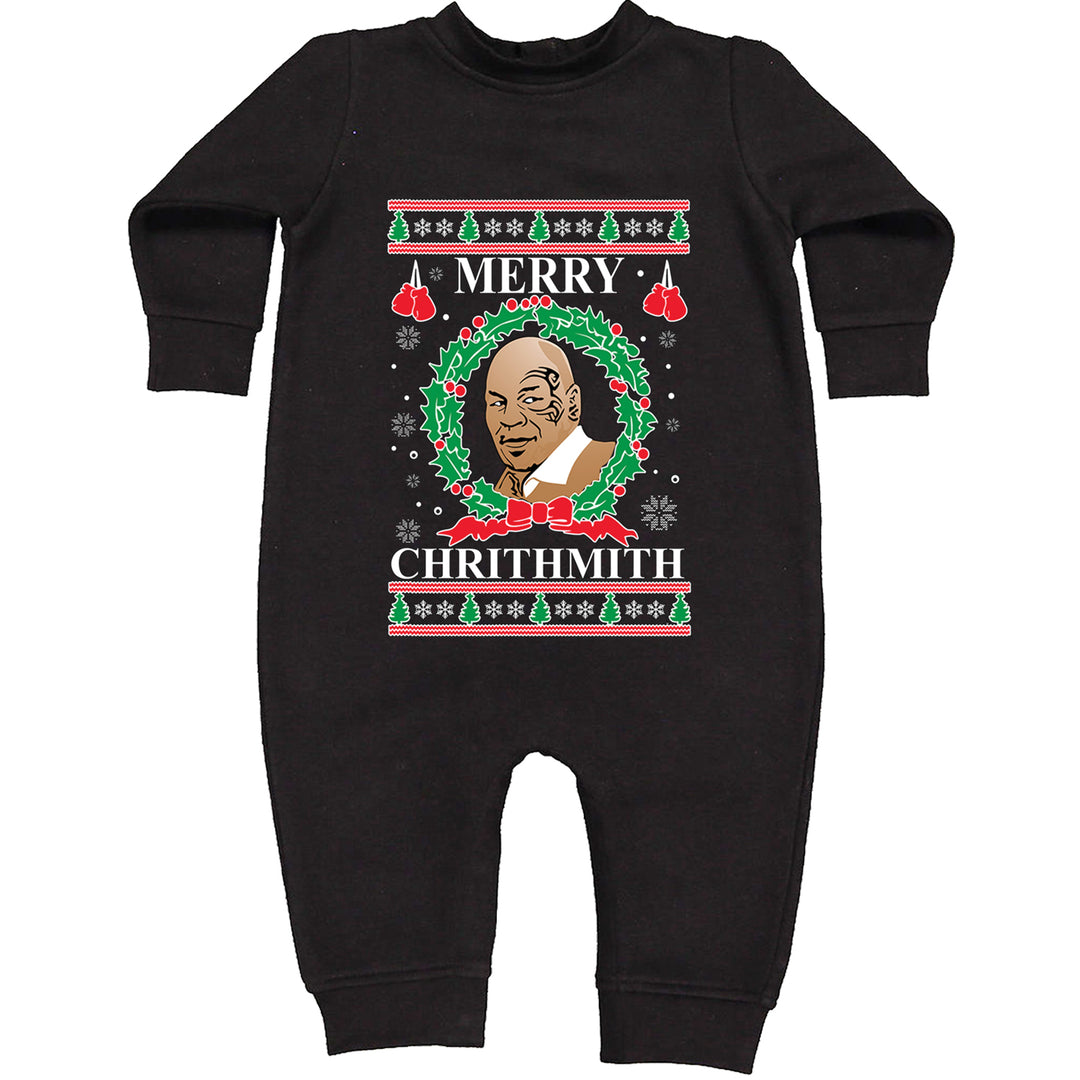 Merry Chrithmith Ugly Christmas graphic on Toddler Hoodie and Baby Fleece Onesie in Black alternate view 2