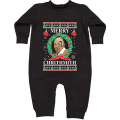 Merry Chrithmith Ugly Christmas graphic on Toddler Hoodie and Baby Fleece Onesie in Black alternate view 2
