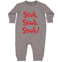 Stink Stank Stunk Gr-nch graphic on Toddler Hoodie and Baby Fleece Onesie in Heather Grey