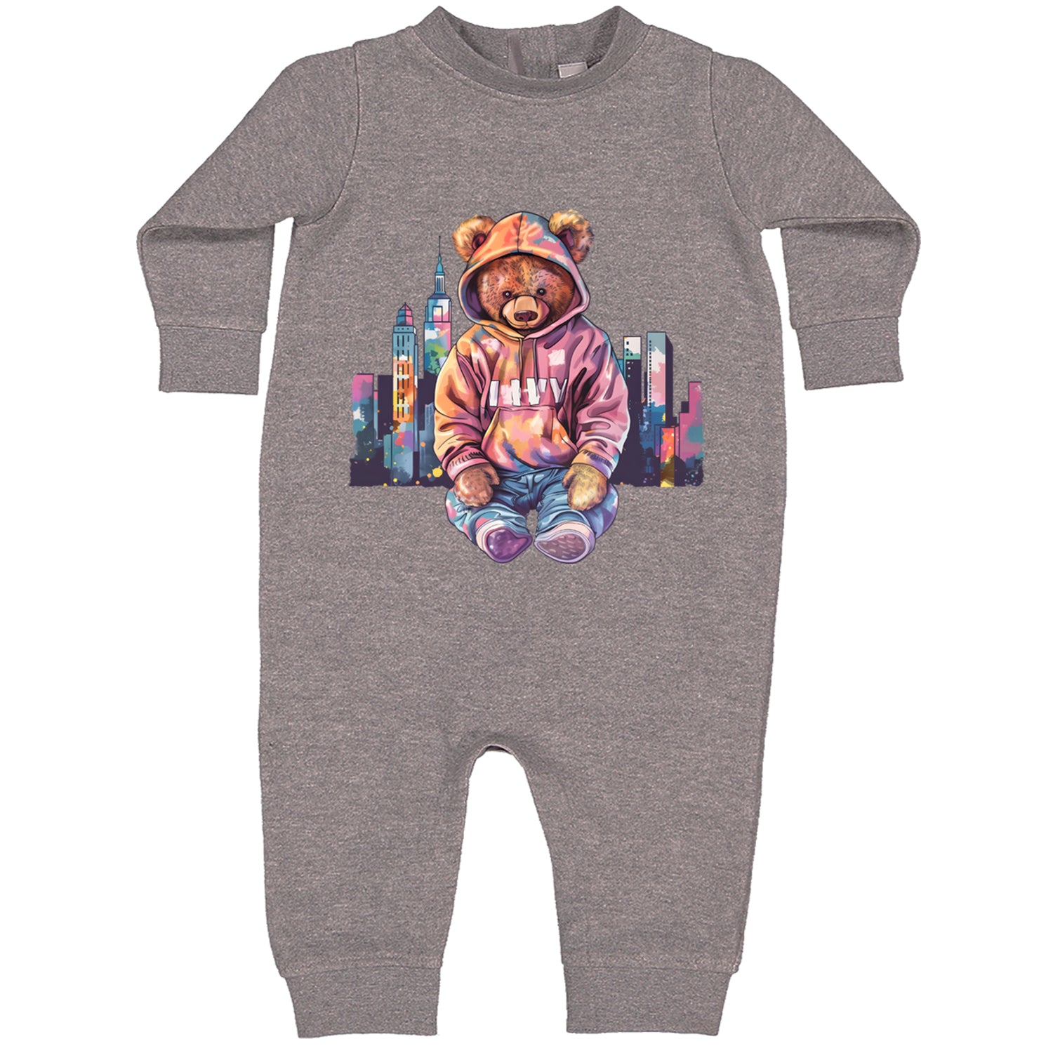 City Skyline Urban Graffiti Bear Toddler Hoodie Or Infant Fleece Romper Heather Grey