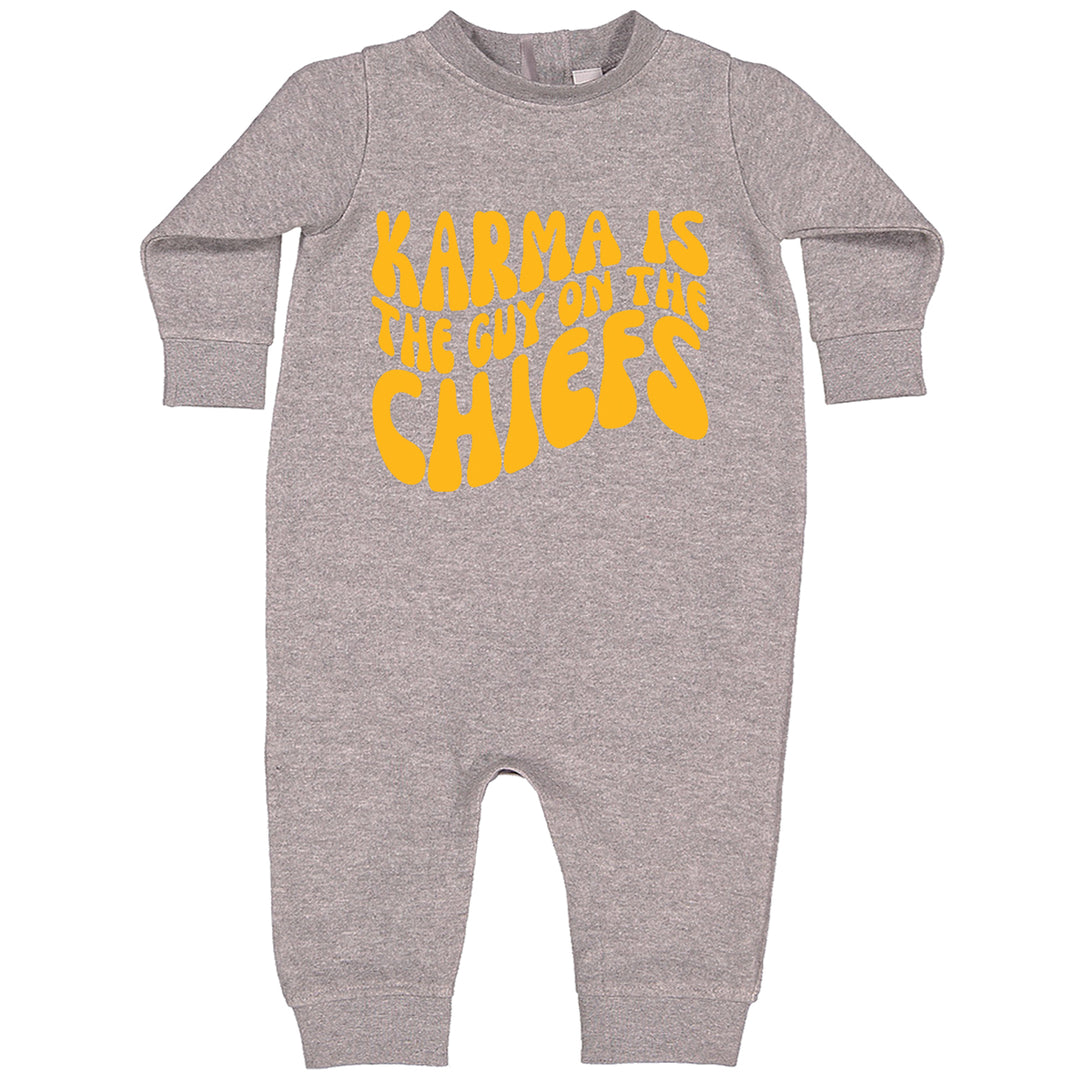 Karma Is The Guy On The Chiefs Boyfriend Toddler Hoodie And Infant Fleece Romper Heather Grey