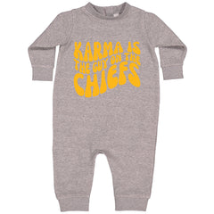 Karma Is The Guy On The Chiefs Boyfriend Toddler Hoodie And Infant Fleece Romper Heather Grey