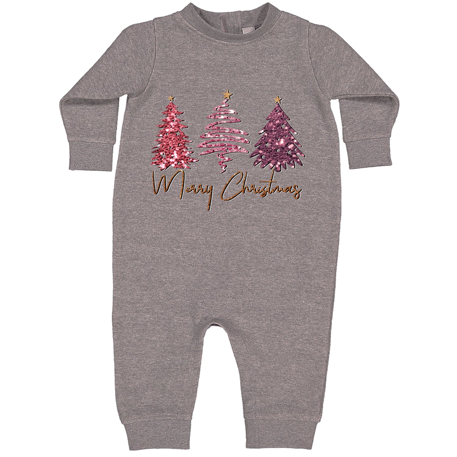 Merry Christmas Faux Glitter Trees Toddler Hoodie And Infant Fleece Romper Heather Grey