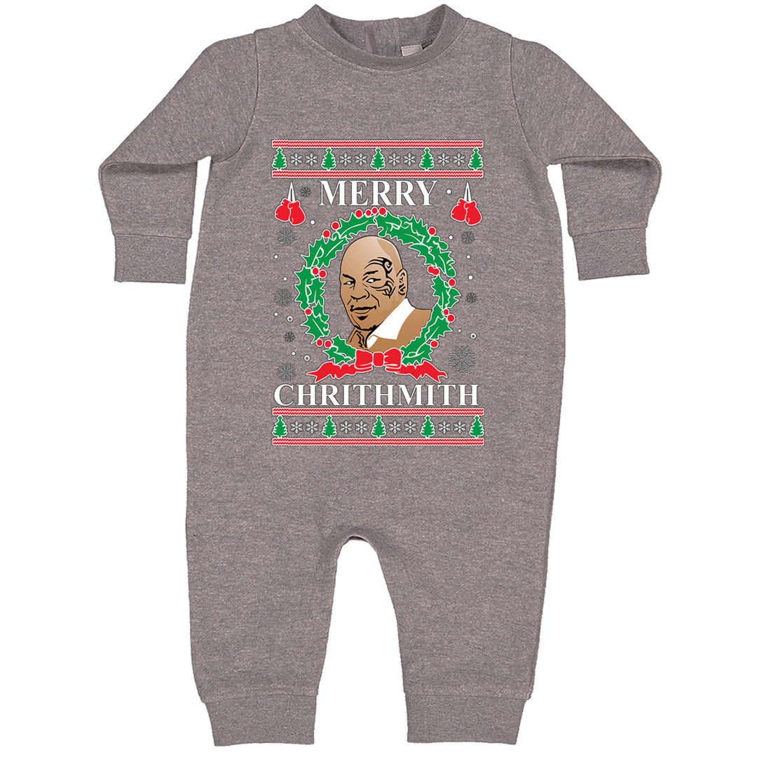 Merry Chrithmith Ugly Christmas graphic on Toddler Hoodie and Baby Fleece Onesie in Heather Grey alternate view 2
