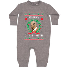 Merry Chrithmith Ugly Christmas graphic on Toddler Hoodie and Baby Fleece Onesie in Heather Grey alternate view 2