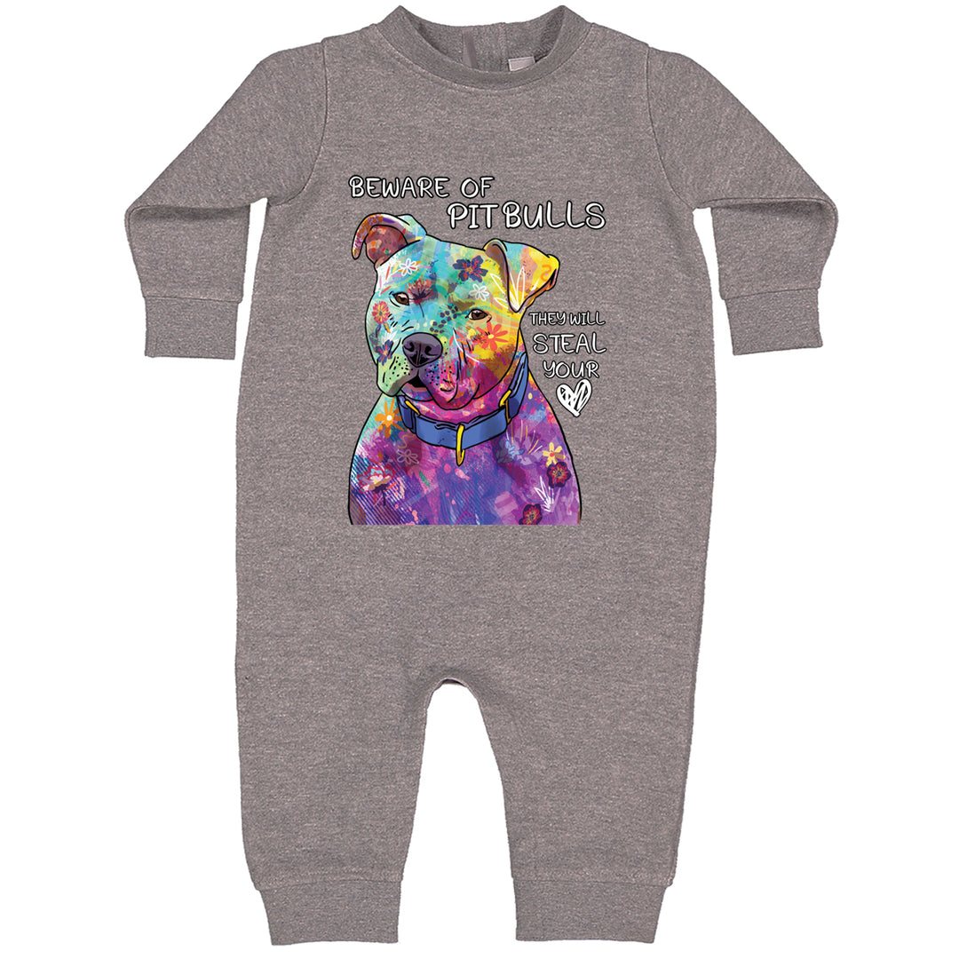 Beware Of Pit Bulls, They Will Steal Your Heart  Toddler Hoodie And Infant Fleece Romper Heather Grey