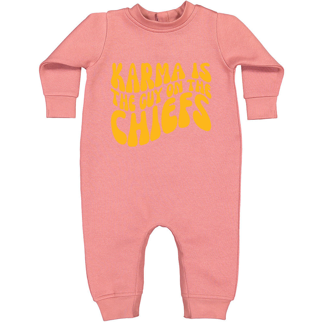 Karma Is The Guy On The Chiefs Boyfriend Toddler Hoodie And Infant Fleece Romper Mauve
