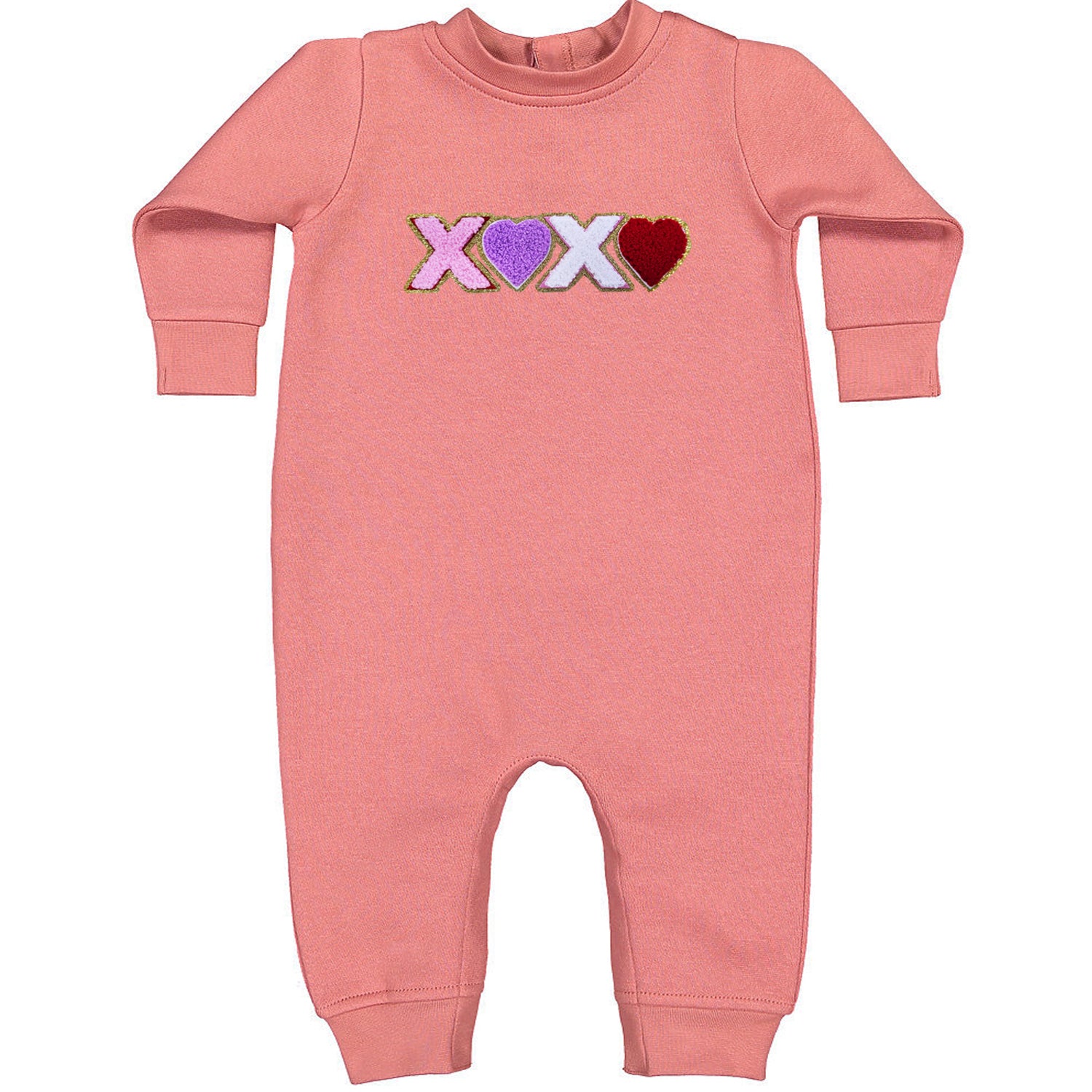XOXO Chenille Patch Valentines Days Toddler Hoodie And Infant Fleece Romper Mauve