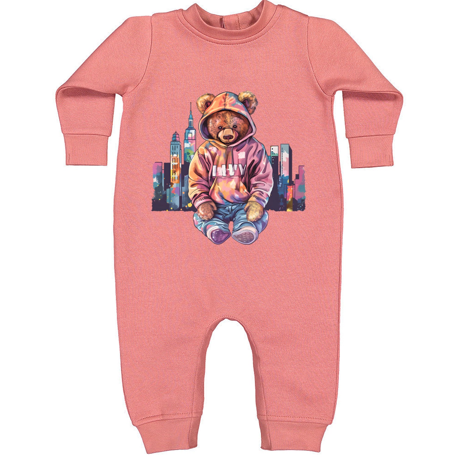 City Skyline Urban Graffiti Bear Toddler Hoodie Or Infant Fleece Romper Mauve