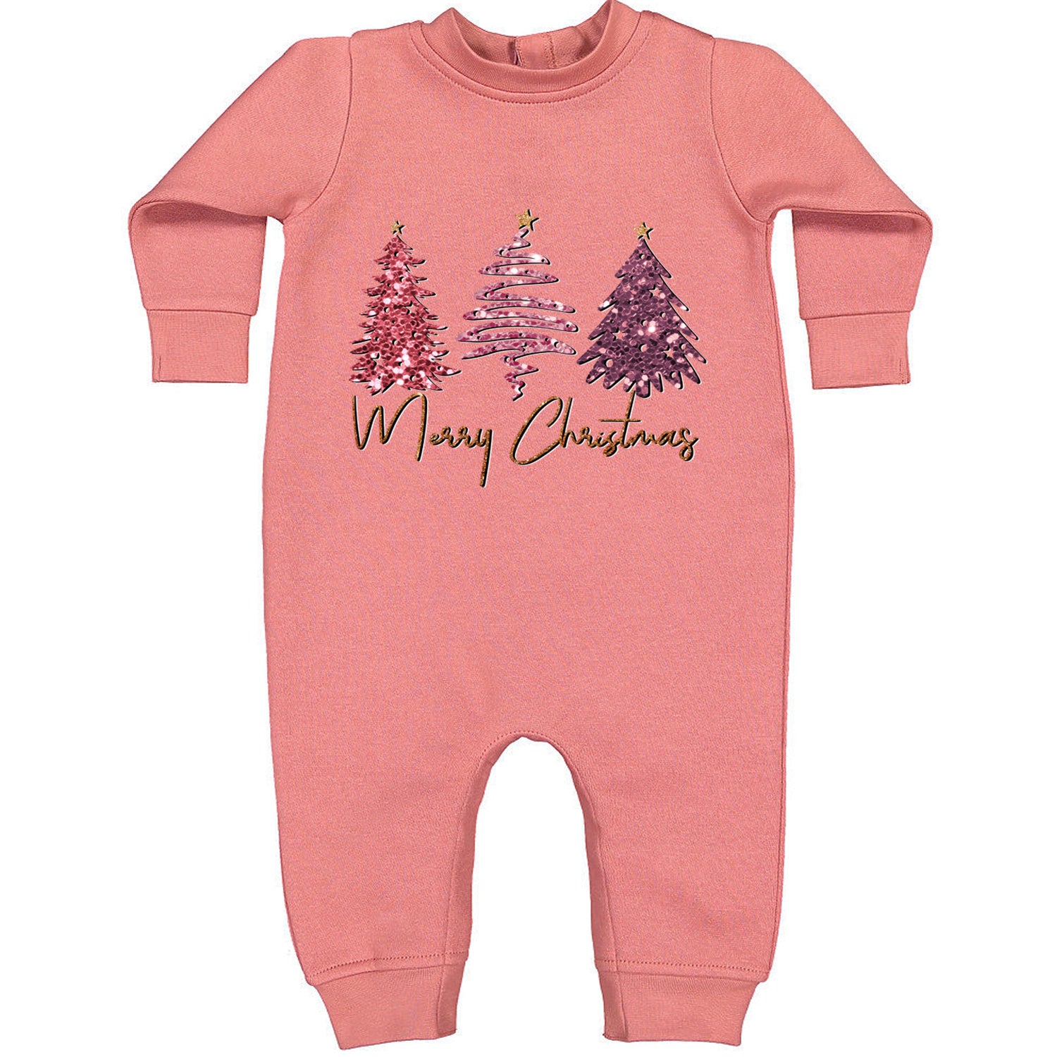 Merry Christmas Faux Glitter Trees Toddler Hoodie And Infant Fleece Romper Mauve