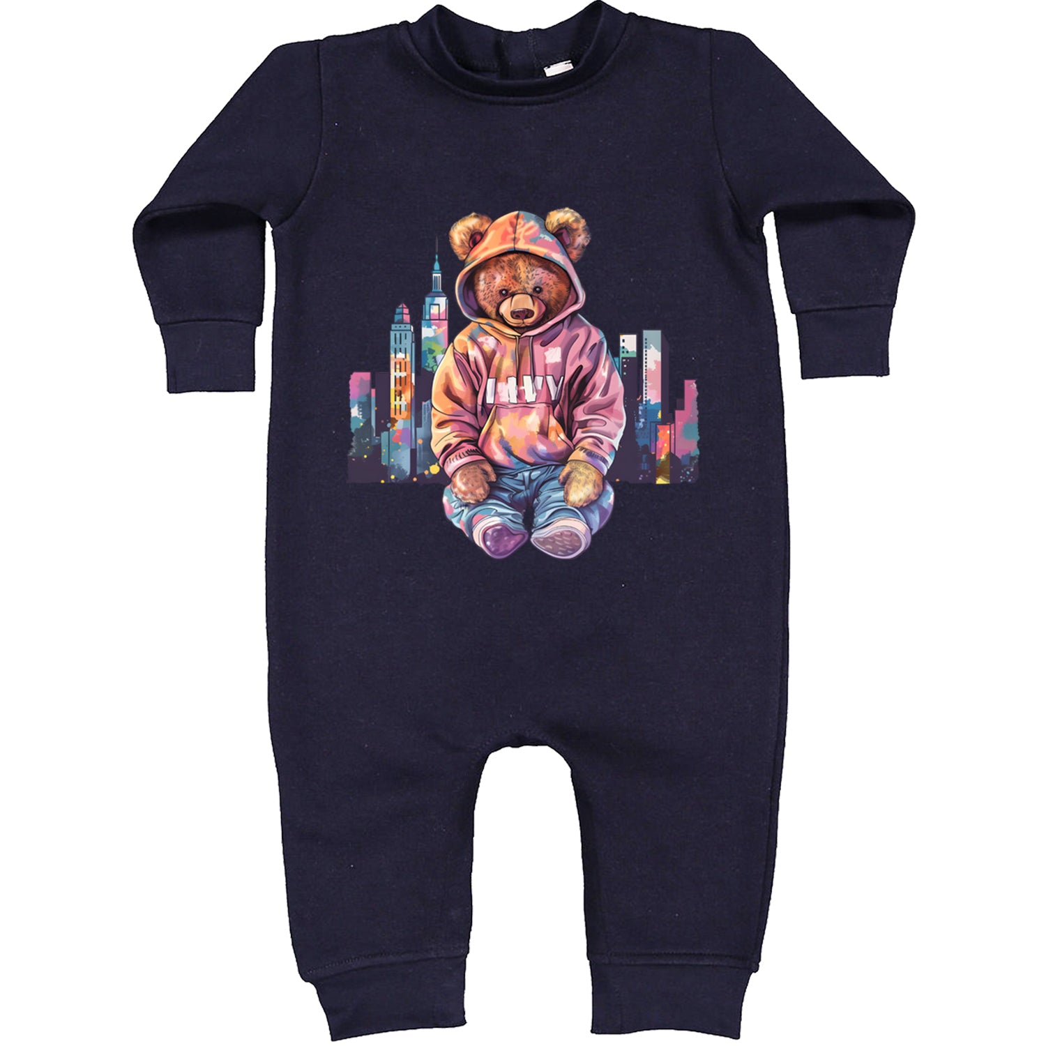 City Skyline Urban Graffiti Bear Toddler Hoodie Or Infant Fleece Romper Navy Blue