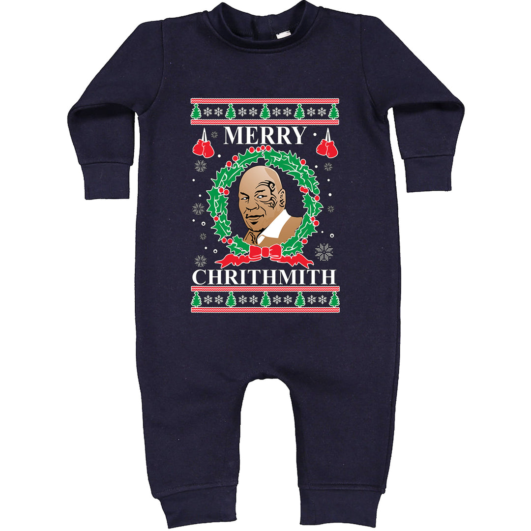 Merry Chrithmith Ugly Christmas graphic on Toddler Hoodie and Baby Fleece Onesie in Navy Blue alternate view 2
