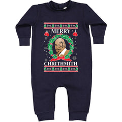 Merry Chrithmith Ugly Christmas graphic on Toddler Hoodie and Baby Fleece Onesie in Navy Blue alternate view 2