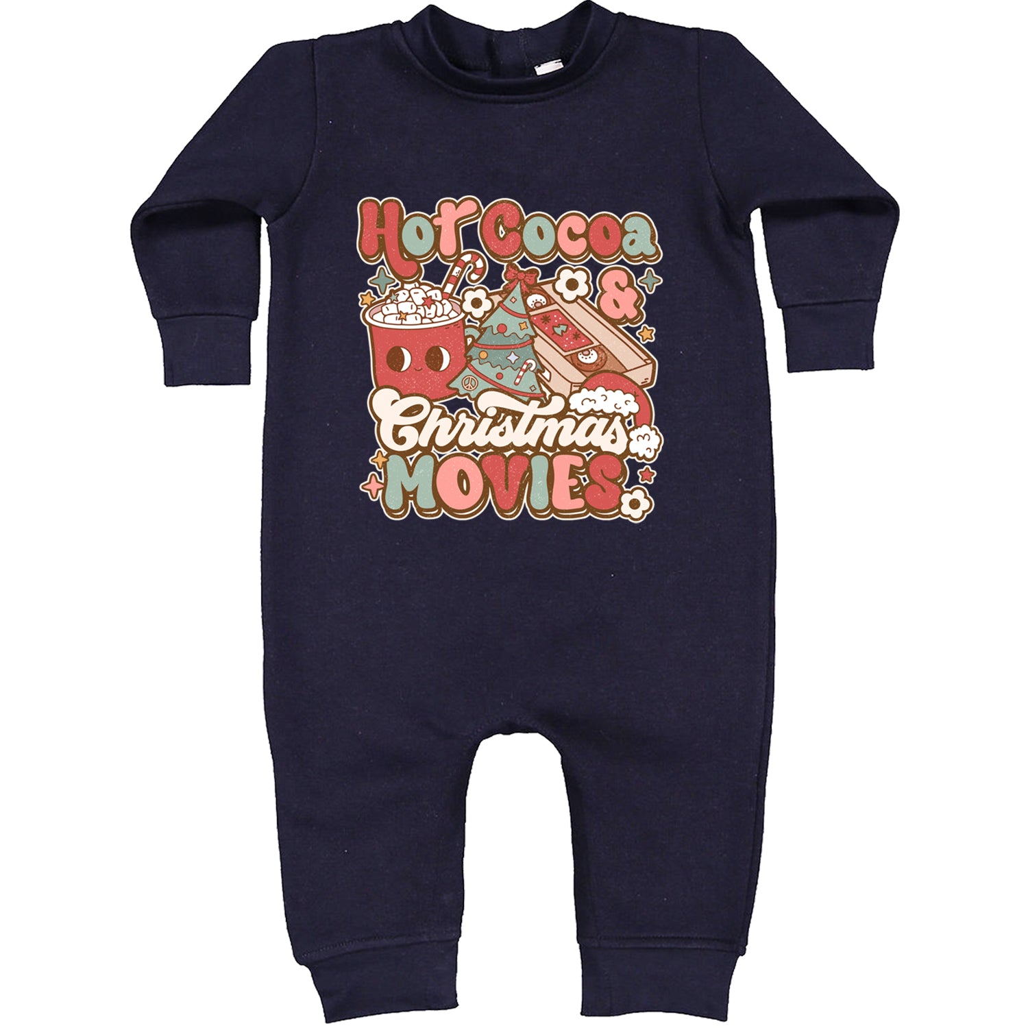 Hot Cocoa And Christmas Movies Holiday Toddler Hoodie And Infant Fleece Romper Navy Blue