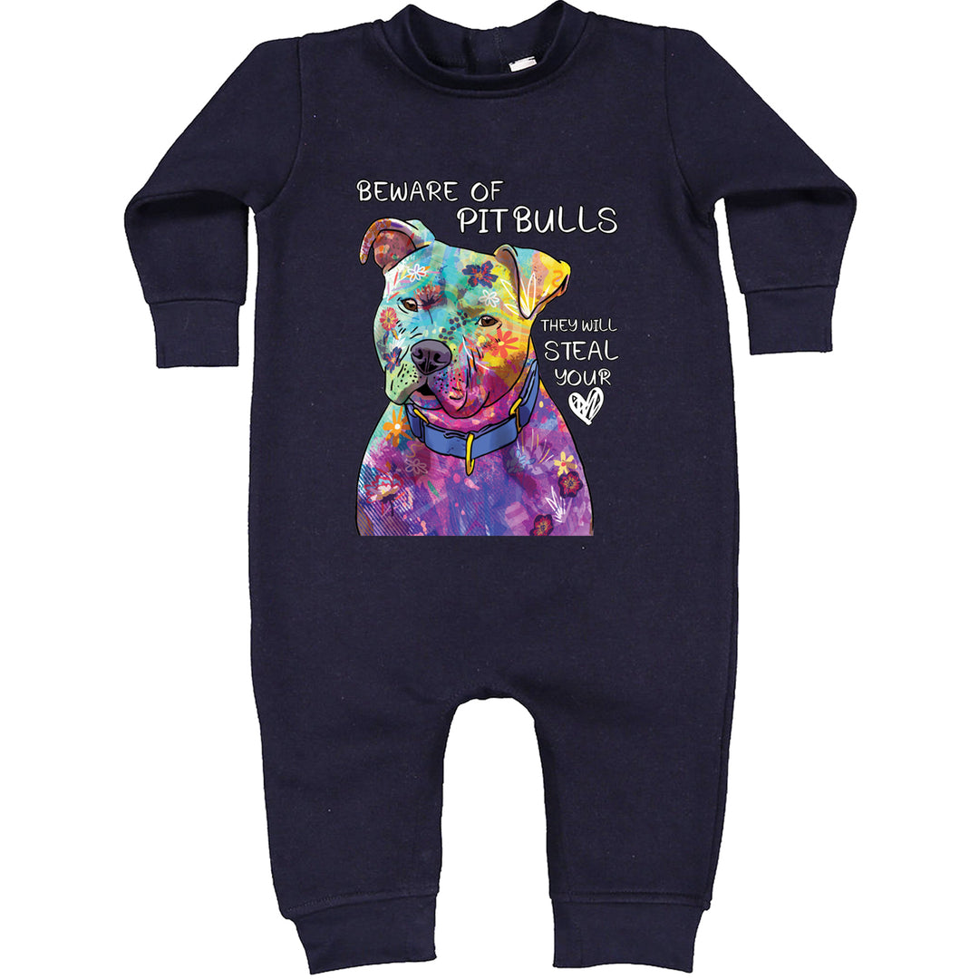 Beware Of Pit Bulls, They Will Steal Your Heart  Toddler Hoodie And Infant Fleece Romper Navy Blue