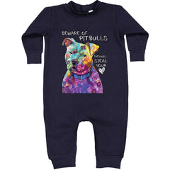 Beware Of Pit Bulls, They Will Steal Your Heart  Toddler Hoodie And Infant Fleece Romper Navy Blue