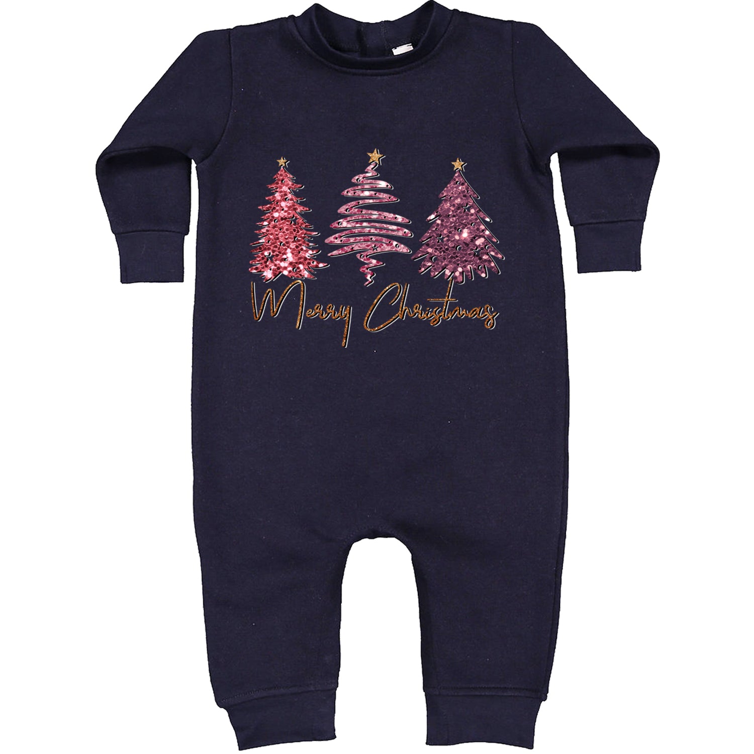 Merry Christmas Faux Glitter Trees Toddler Hoodie And Infant Fleece Romper Navy Blue