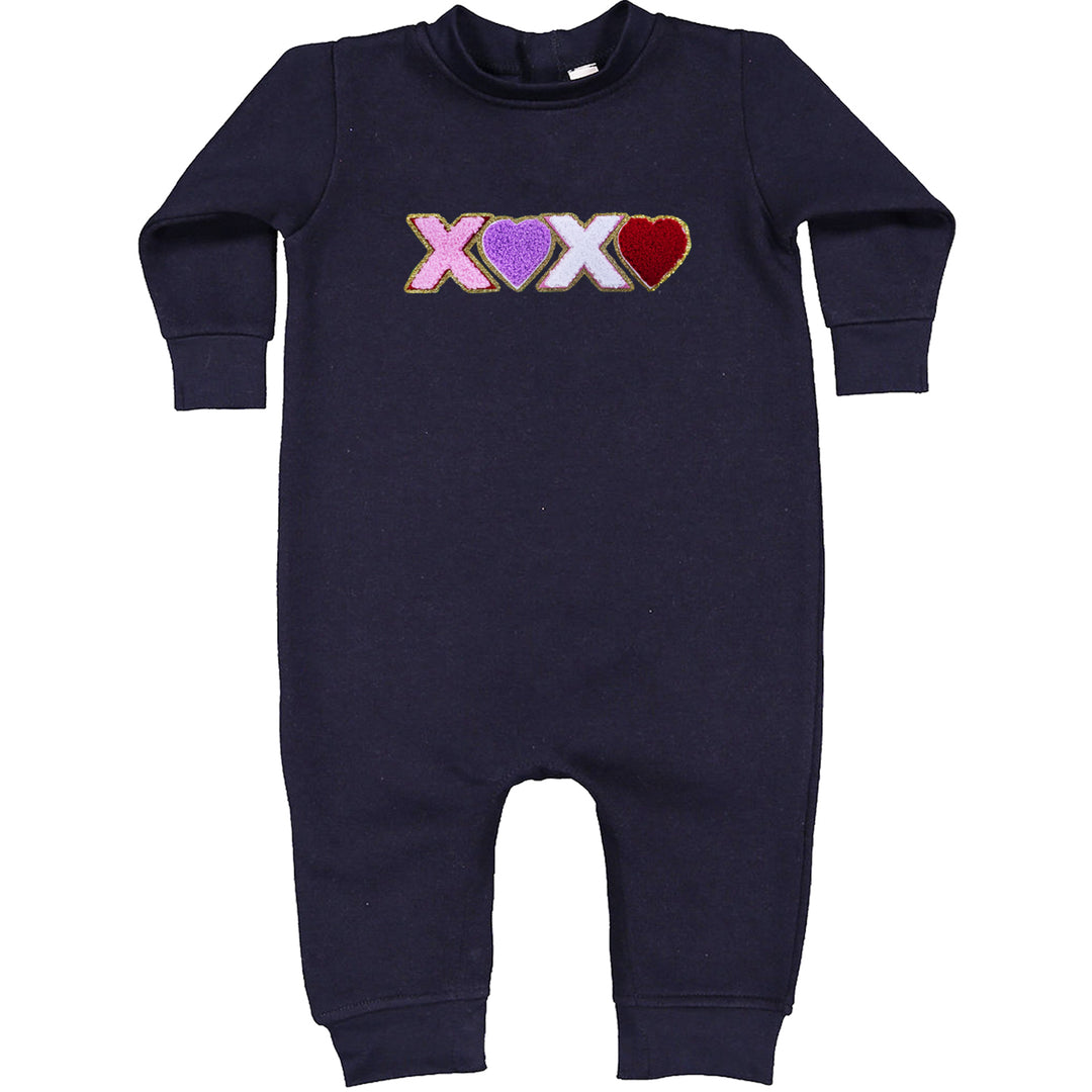 XOXO Chenille Patch Valentines Days Toddler Hoodie And Infant Fleece Romper Navy Blue
