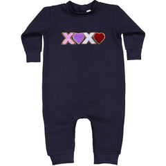 XOXO Chenille Patch Valentines Days Toddler Hoodie And Infant Fleece Romper Navy Blue