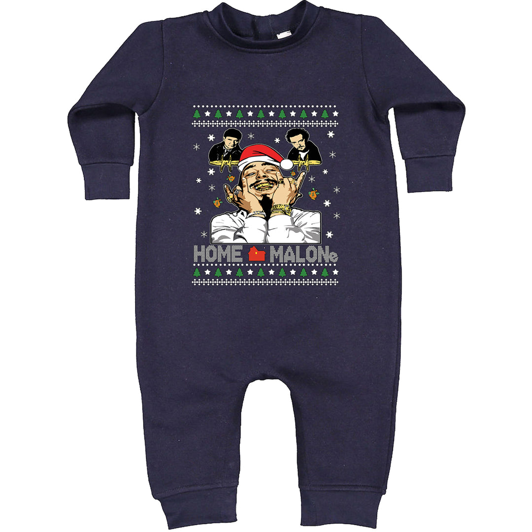 Home Malone Ugly Christmas graphic on Toddler Hoodie and Baby Fleece Onesie in Navy Blue alternate view 2