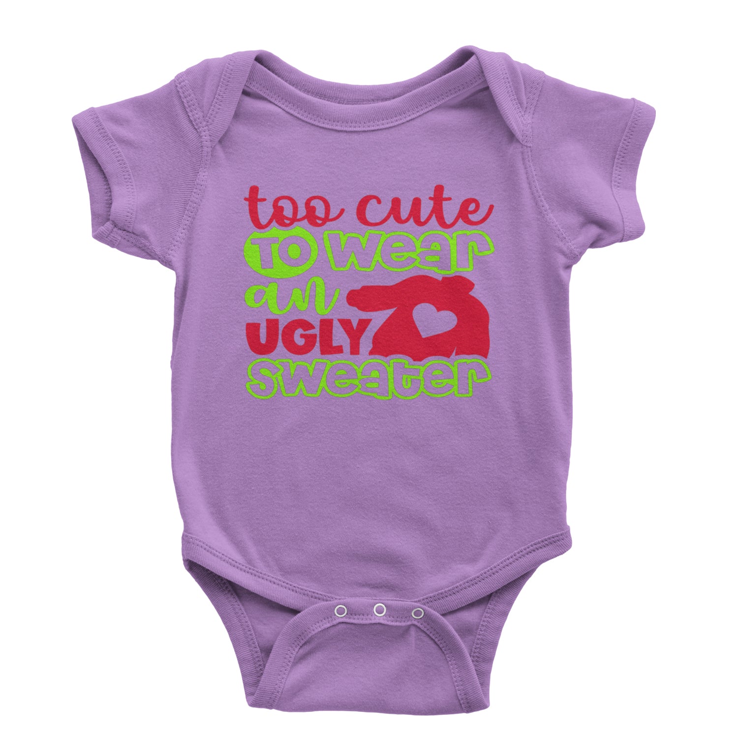 Too Cute to Wear an Ugly Christmas Sweater Infant One-Piece Romper Bodysuit and Toddler T-shirt Lavender