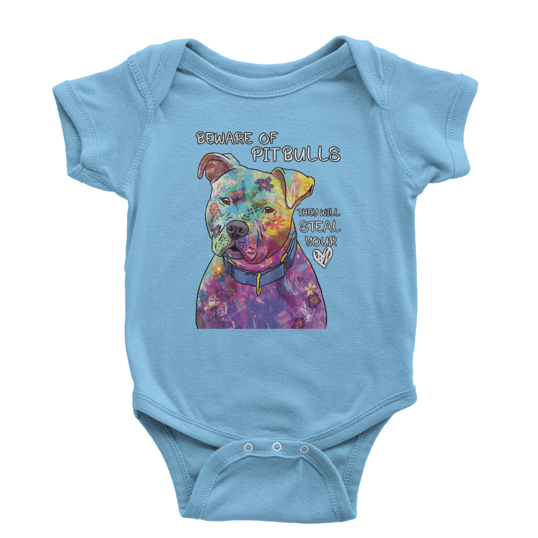 Beware Of Pit Bulls, They Will Steal Your Heart  Infant One-Piece Romper Bodysuit and Toddler T-shirt Light Blue