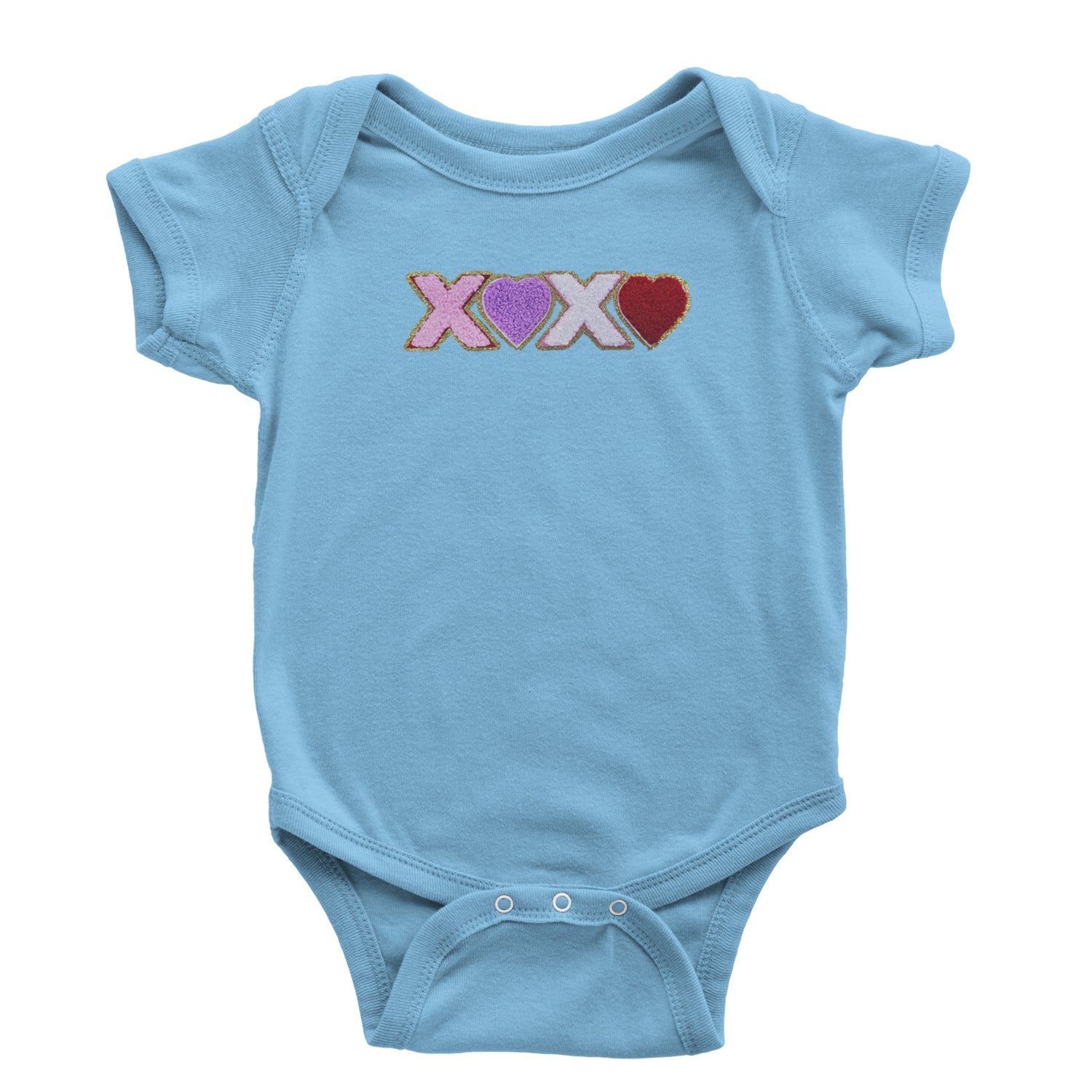 XOXO Chenille Patch Valentines Days Infant One-Piece Romper Bodysuit and Toddler T-shirt Light Blue