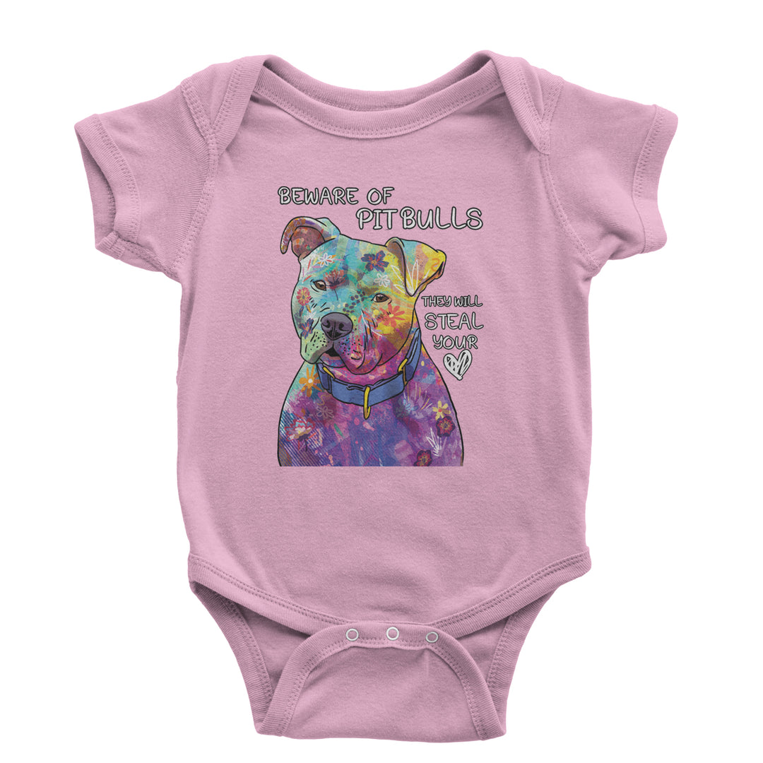 Beware Of Pit Bulls, They Will Steal Your Heart  Infant One-Piece Romper Bodysuit and Toddler T-shirt Light Pink