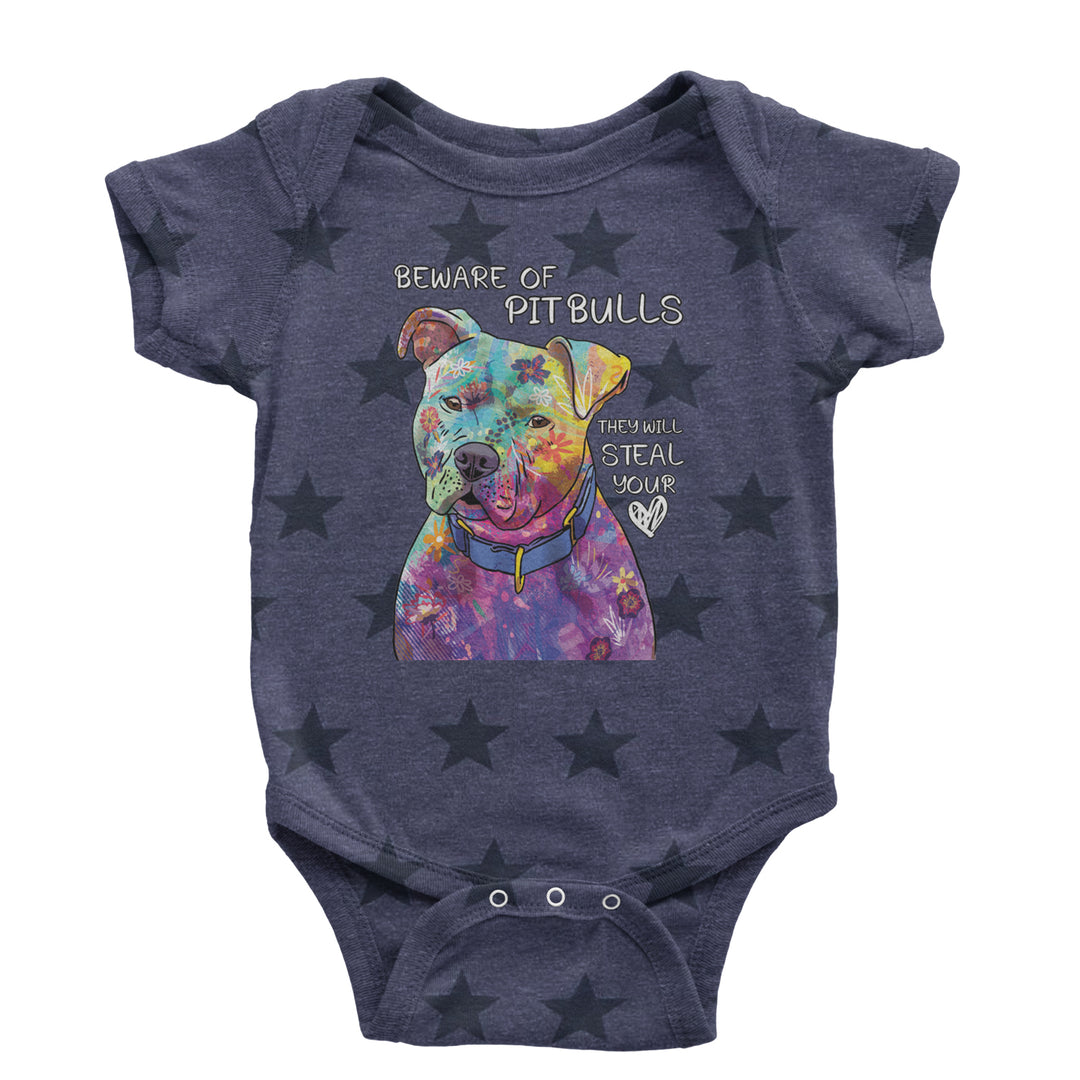 Beware Of Pit Bulls, They Will Steal Your Heart  Infant One-Piece Romper Bodysuit and Toddler T-shirt Navy Blue STAR