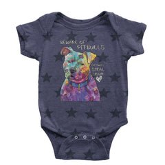 Beware Of Pit Bulls, They Will Steal Your Heart  Infant One-Piece Romper Bodysuit and Toddler T-shirt Navy Blue STAR