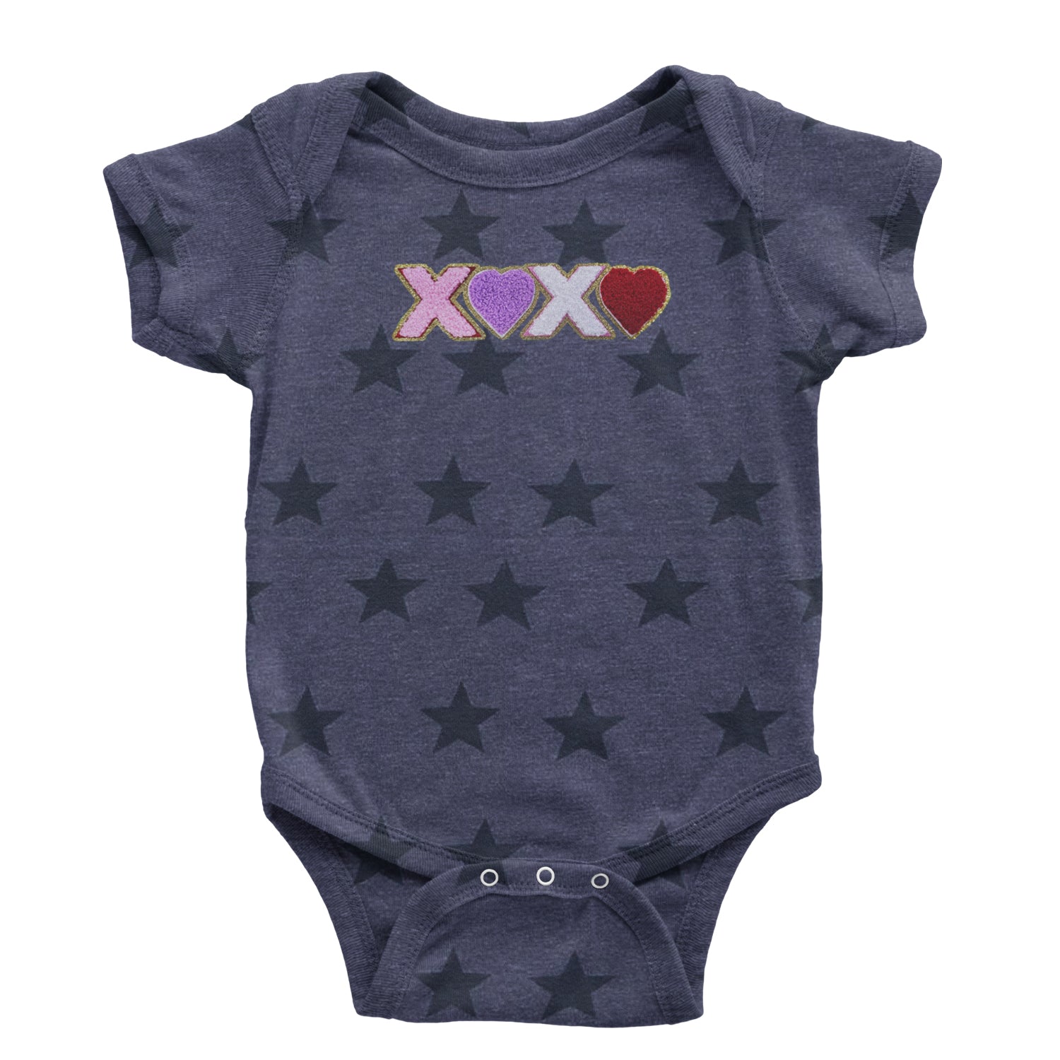 XOXO Chenille Patch Valentines Days Infant One-Piece Romper Bodysuit and Toddler T-shirt Navy Blue STAR