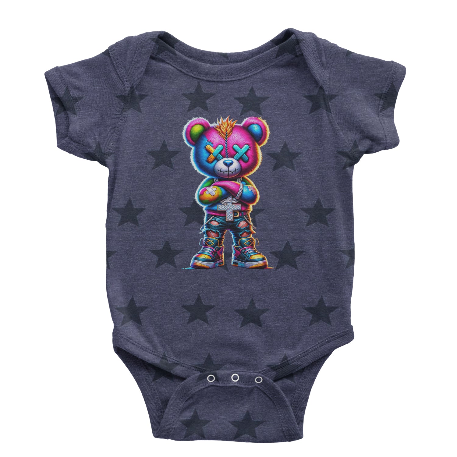 Stitched Neon Urban Graffiti Bear Infant One-Piece Romper Bodysuit Or Toddler T-shirt Navy Blue STAR