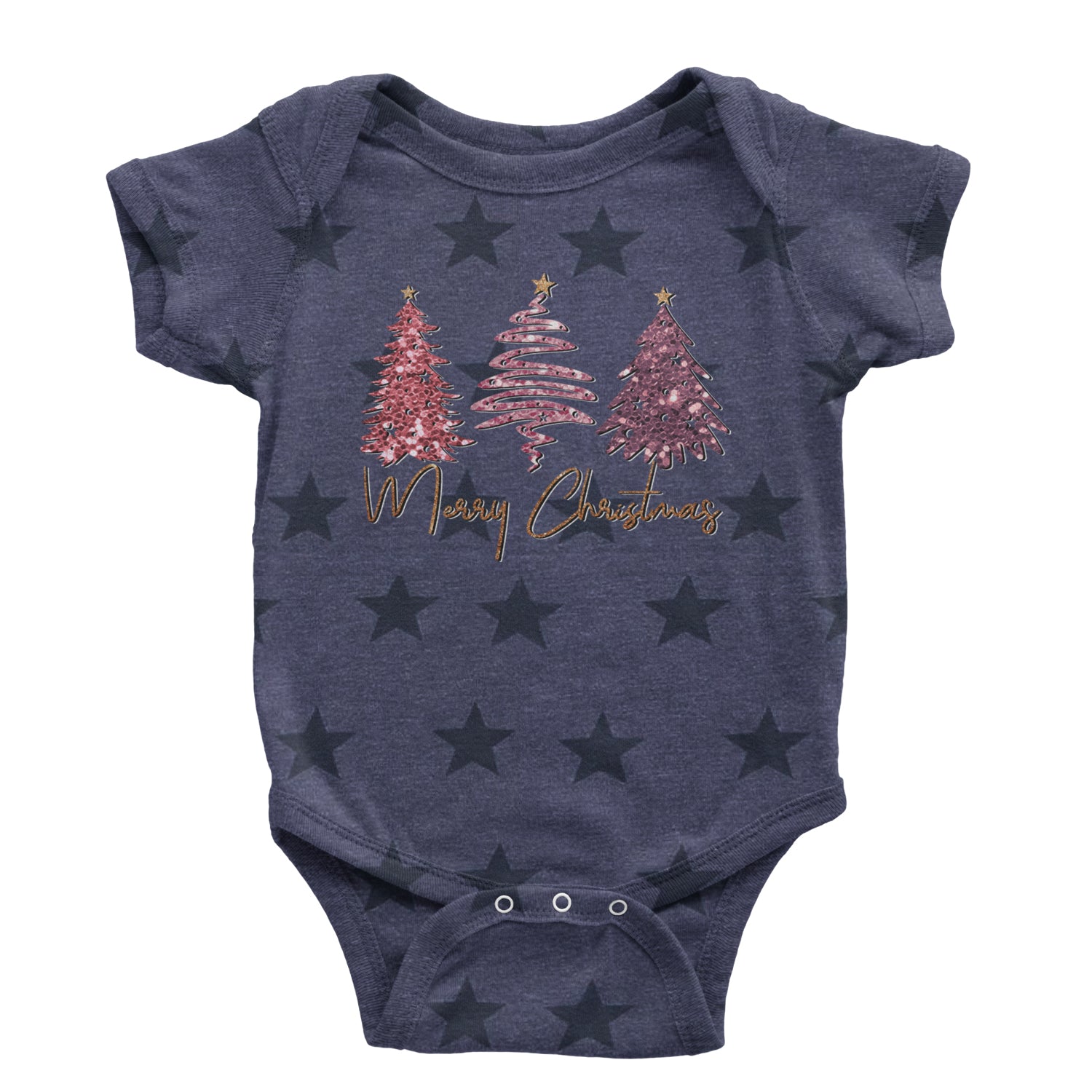 Merry Christmas Faux Glitter Trees Infant One-Piece Romper Bodysuit and Toddler T-shirt Navy Blue STAR