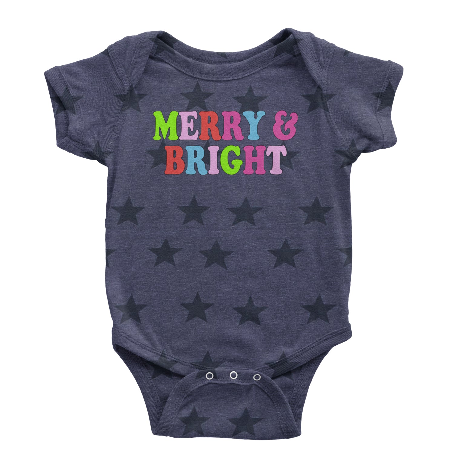 Merry and Bright Festive Christmas Holiday Infant One-Piece Romper Bodysuit and Toddler T-shirt Navy Blue STAR