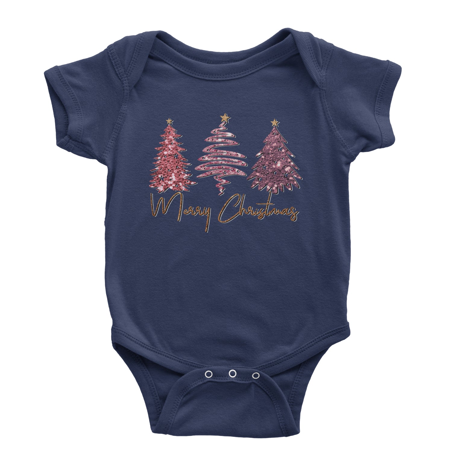 Merry Christmas Faux Glitter Trees Infant One-Piece Romper Bodysuit and Toddler T-shirt Navy Blue