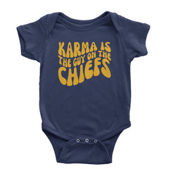 Karma Is The Guy On The Chiefs Boyfriend Infant One-Piece Romper Bodysuit and Toddler T-shirt Navy Blue
