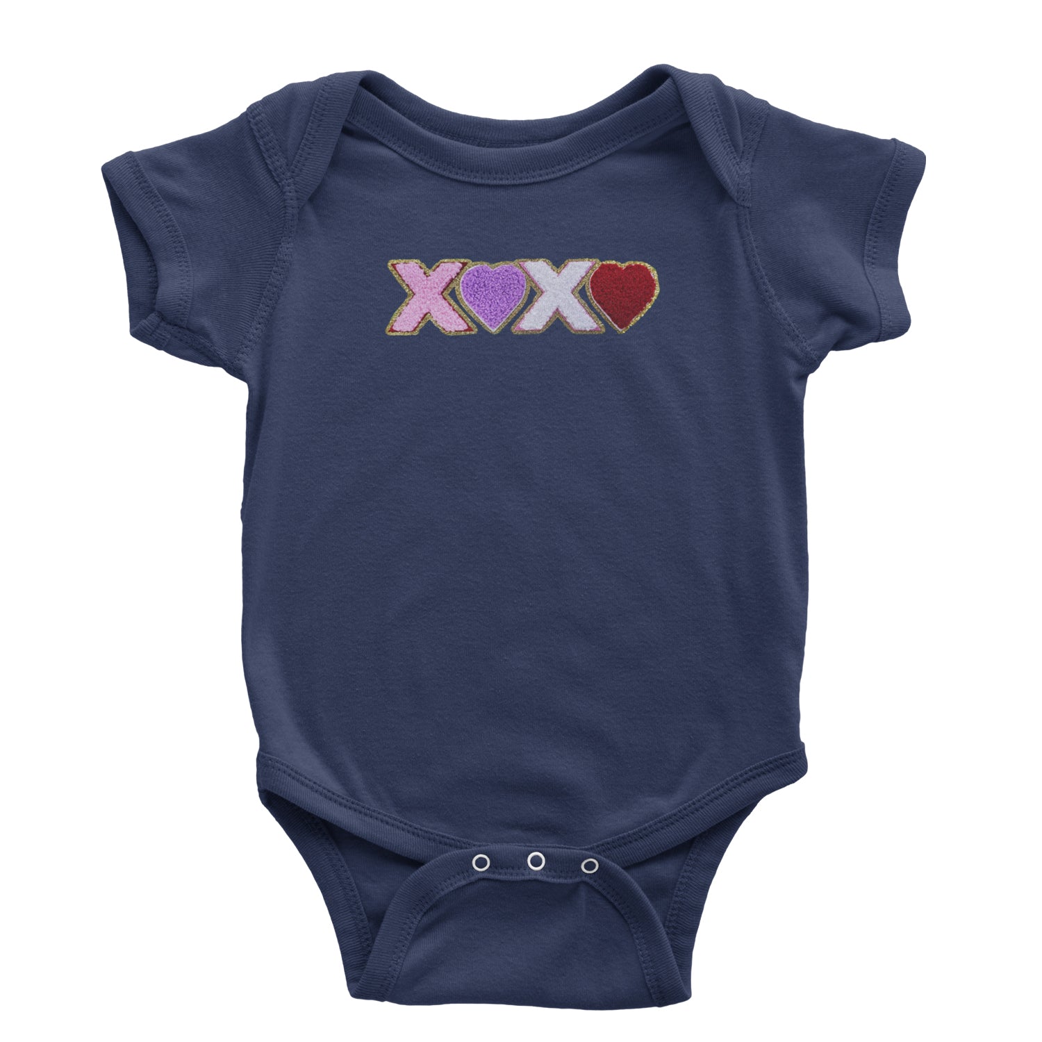 XOXO Chenille Patch Valentines Days Infant One-Piece Romper Bodysuit and Toddler T-shirt Navy Blue