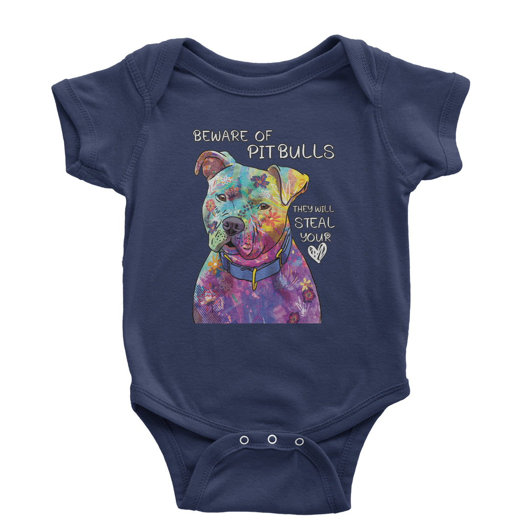 Beware Of Pit Bulls, They Will Steal Your Heart  Infant One-Piece Romper Bodysuit and Toddler T-shirt Navy Blue